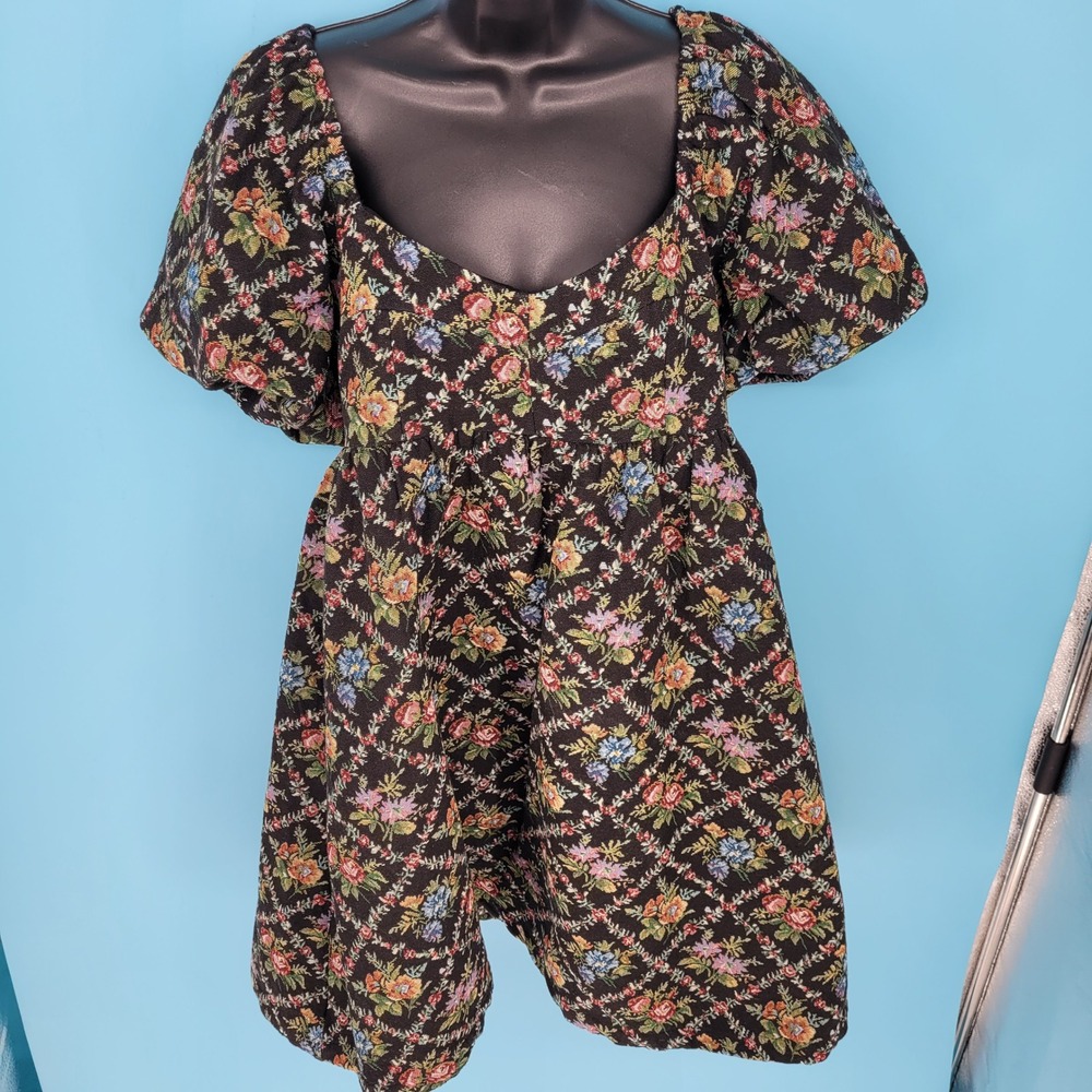 Aura Tapestry Floral garden Mini babyboll puff sleeve Dress Women Lg Cottagecore